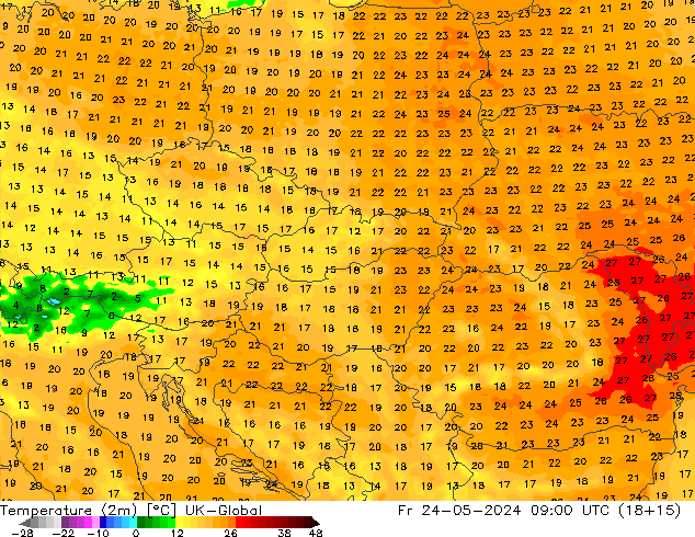 température (2m) UK-Global ven 24.05.2024 09 UTC