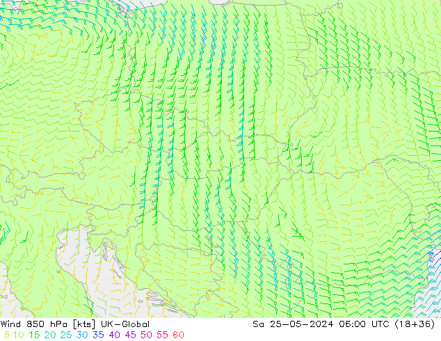 Viento 850 hPa UK-Global sáb 25.05.2024 06 UTC