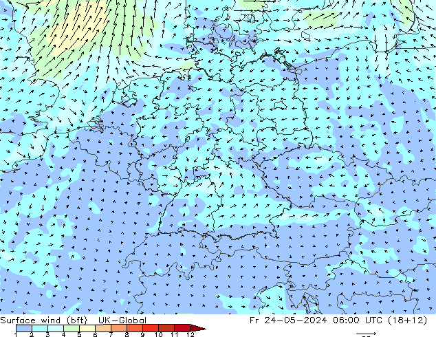 Vent 10 m (bft) UK-Global ven 24.05.2024 06 UTC