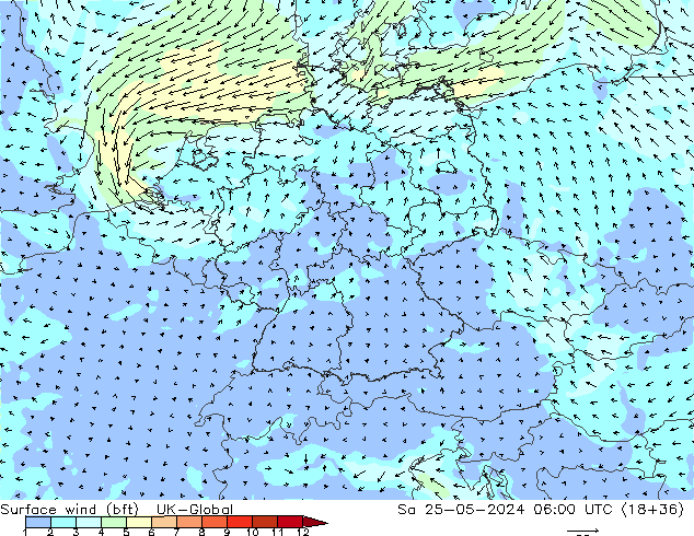 Vent 10 m (bft) UK-Global sam 25.05.2024 06 UTC