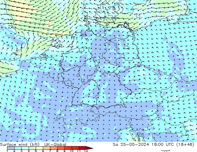 Wind 10 m (bft) UK-Global za 25.05.2024 18 UTC
