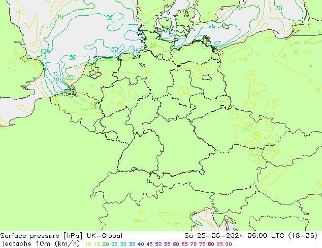 Isotachs (kph) UK-Global  25.05.2024 06 UTC