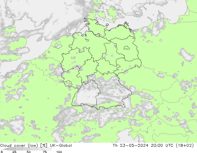 Cloud cover (low) UK-Global Th 23.05.2024 20 UTC