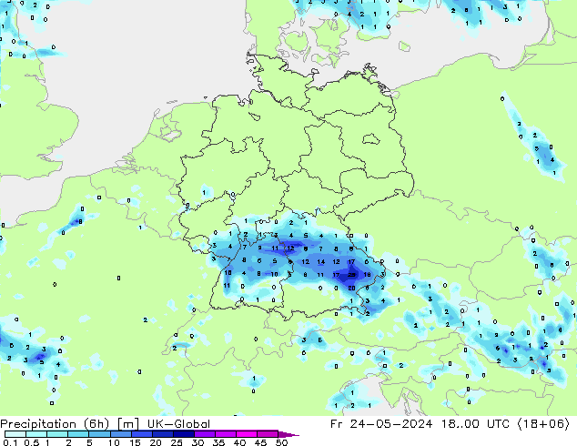 降水量 (6h) UK-Global 星期五 24.05.2024 00 UTC