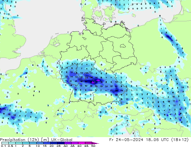 降水量 (12h) UK-Global 星期五 24.05.2024 06 UTC