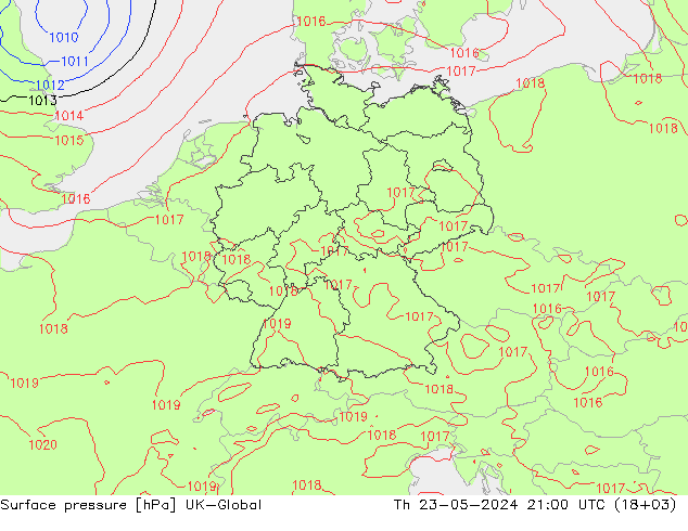 地面气压 UK-Global 星期四 23.05.2024 21 UTC