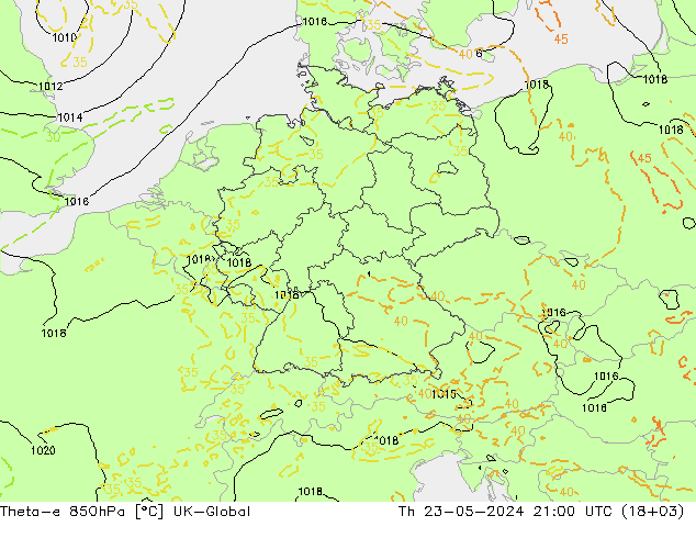 Theta-e 850hPa UK-Global Qui 23.05.2024 21 UTC