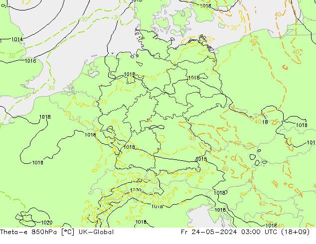 Theta-e 850hPa UK-Global  24.05.2024 03 UTC