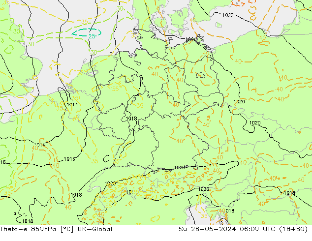 Theta-e 850hPa UK-Global So 26.05.2024 06 UTC