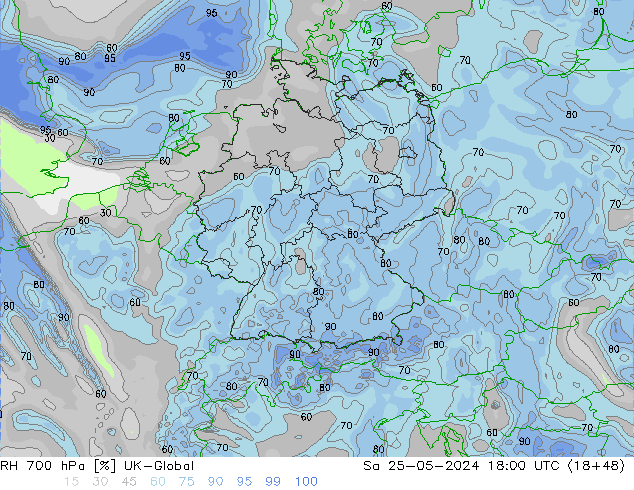 RH 700 hPa UK-Global sab 25.05.2024 18 UTC