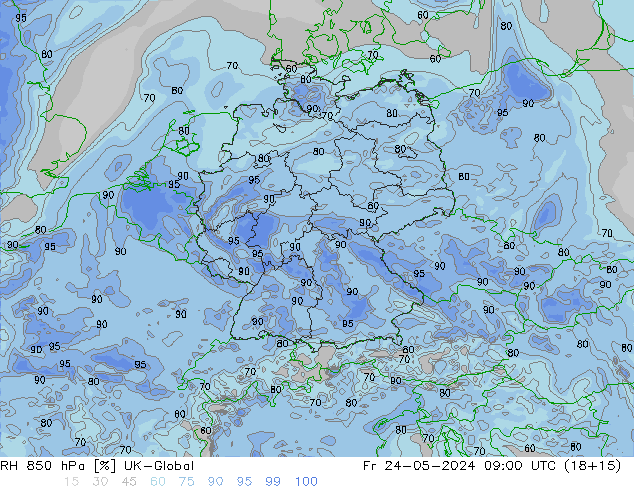 Humedad rel. 850hPa UK-Global vie 24.05.2024 09 UTC