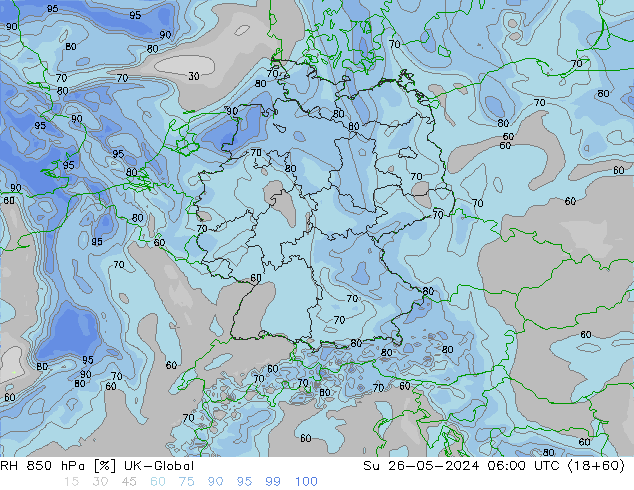 RH 850 hPa UK-Global Dom 26.05.2024 06 UTC