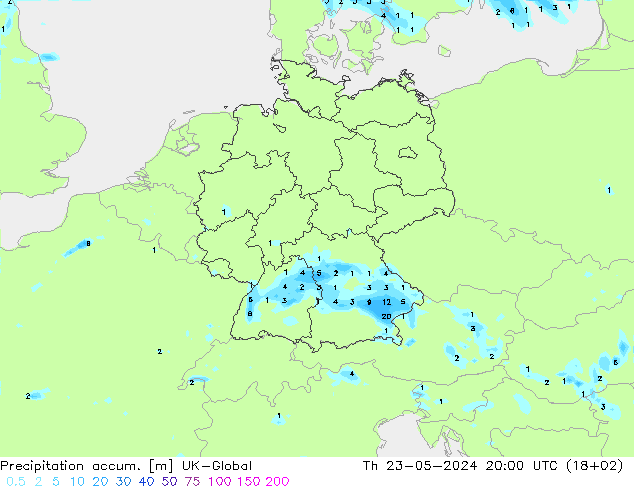 Precipitation accum. UK-Global 星期四 23.05.2024 20 UTC