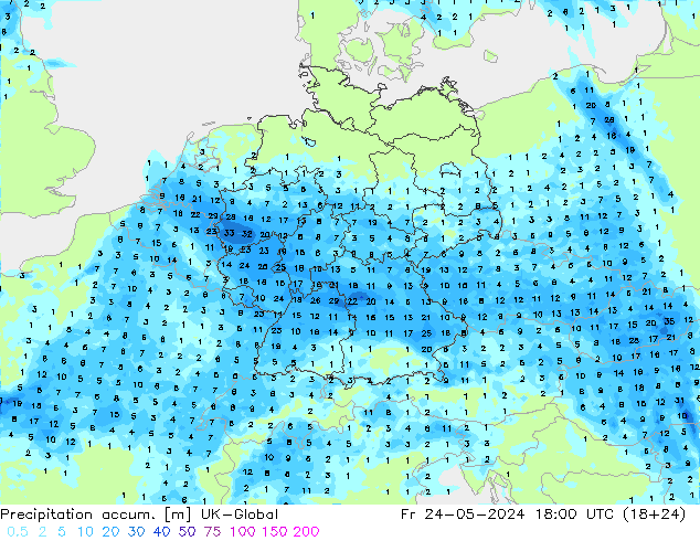 Totale neerslag UK-Global vr 24.05.2024 18 UTC