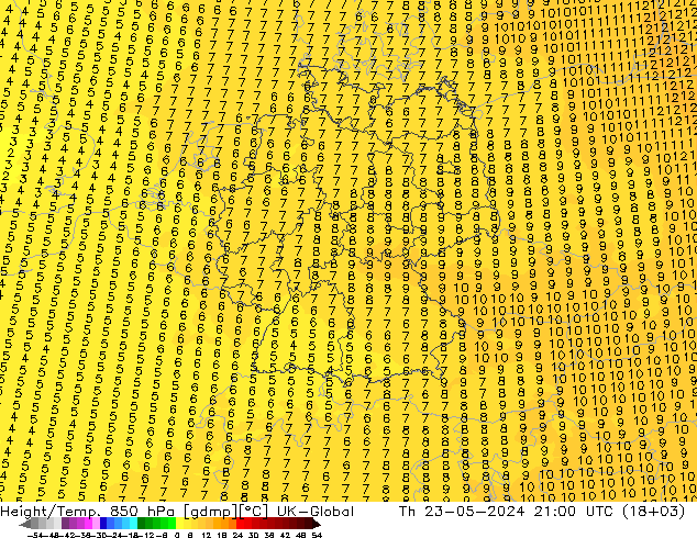 Height/Temp. 850 hPa UK-Global 星期四 23.05.2024 21 UTC