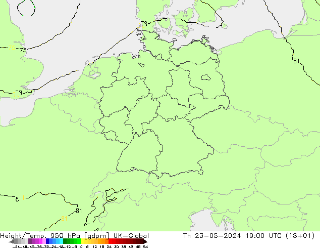 Height/Temp. 950 hPa UK-Global Čt 23.05.2024 19 UTC
