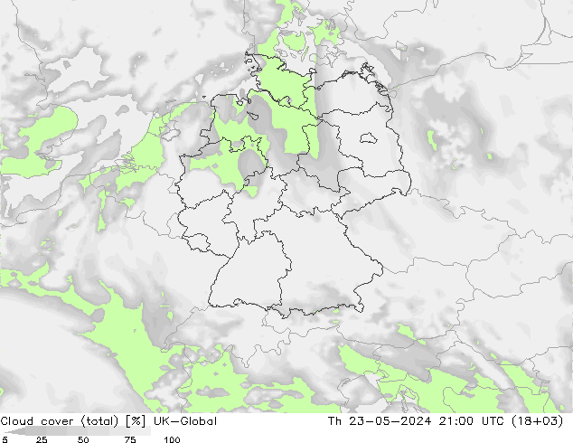 Nubes (total) UK-Global jue 23.05.2024 21 UTC