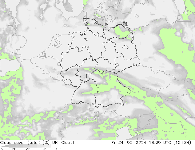 Cloud cover (total) UK-Global Pá 24.05.2024 18 UTC