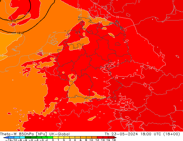 Theta-W 850hPa UK-Global 星期四 23.05.2024 18 UTC