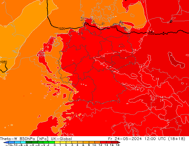 Theta-W 850hPa UK-Global 星期五 24.05.2024 12 UTC
