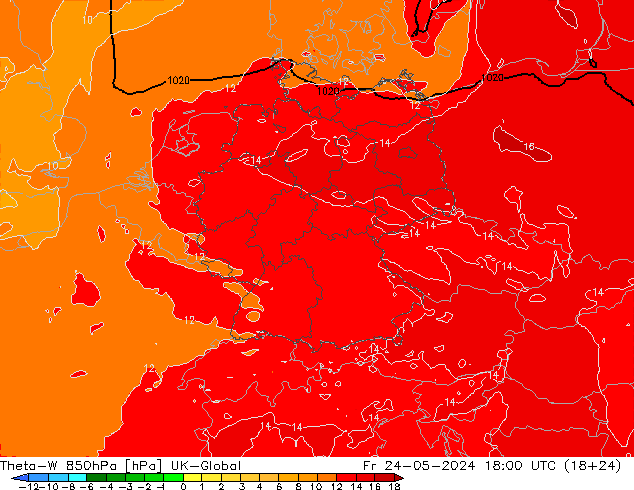 Theta-W 850hPa UK-Global Fr 24.05.2024 18 UTC