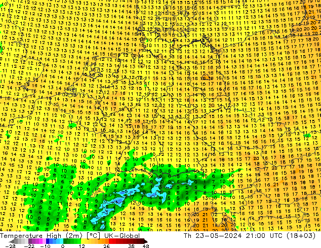 Temperature High (2m) UK-Global Th 23.05.2024 21 UTC