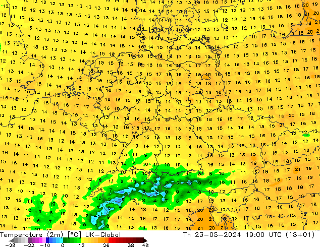 Temperatura (2m) UK-Global Qui 23.05.2024 19 UTC