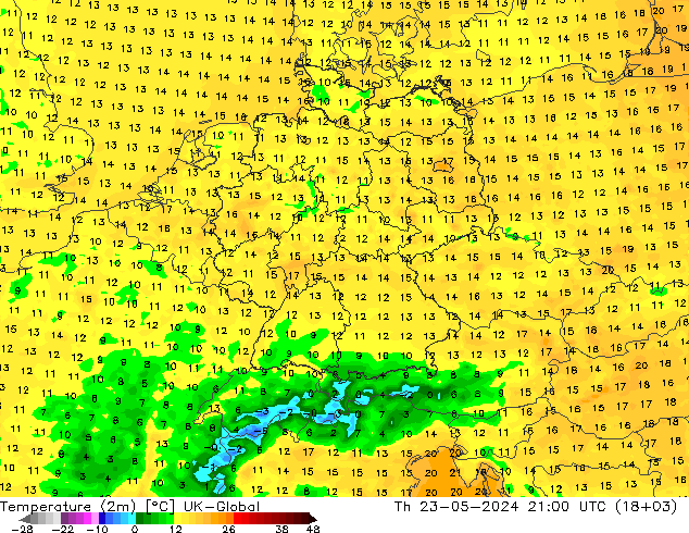 Temperaturkarte (2m) UK-Global Do 23.05.2024 21 UTC