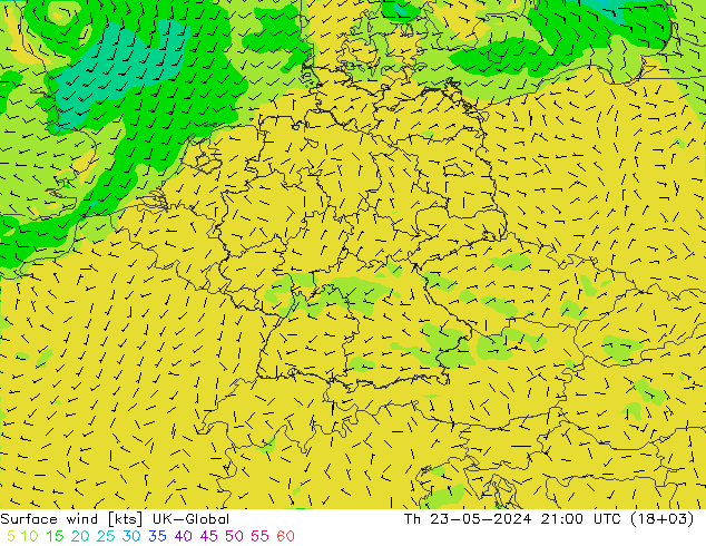 Viento 10 m UK-Global jue 23.05.2024 21 UTC