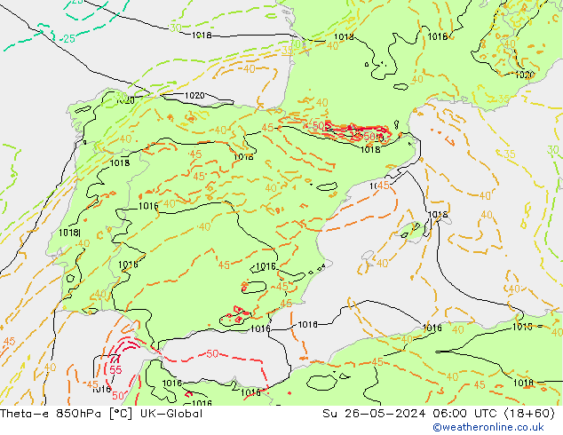 Theta-e 850hPa UK-Global Su 26.05.2024 06 UTC