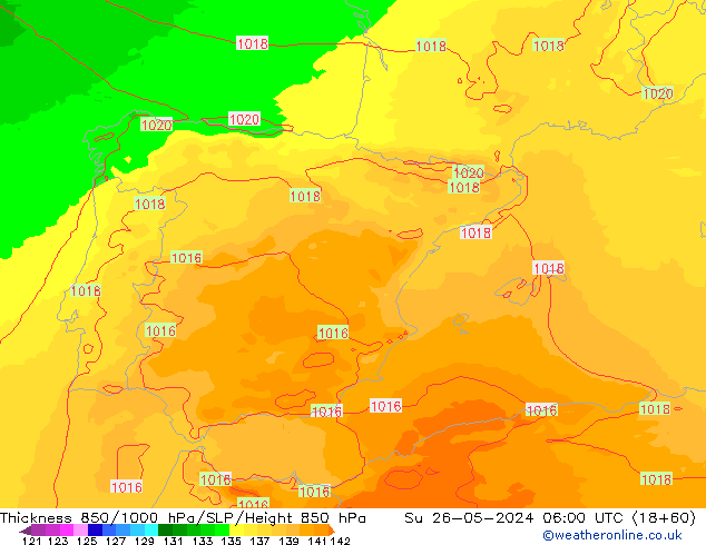 850-1000 hPa Kalınlığı UK-Global Paz 26.05.2024 06 UTC