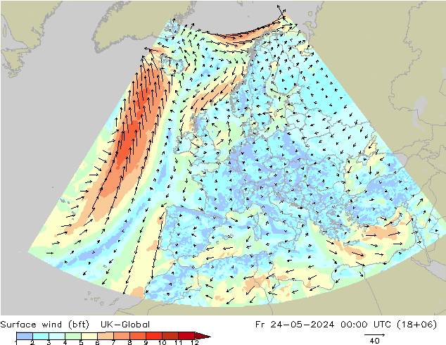 Surface wind (bft) UK-Global Pá 24.05.2024 00 UTC