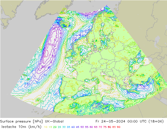 Isotachen (km/h) UK-Global Fr 24.05.2024 00 UTC