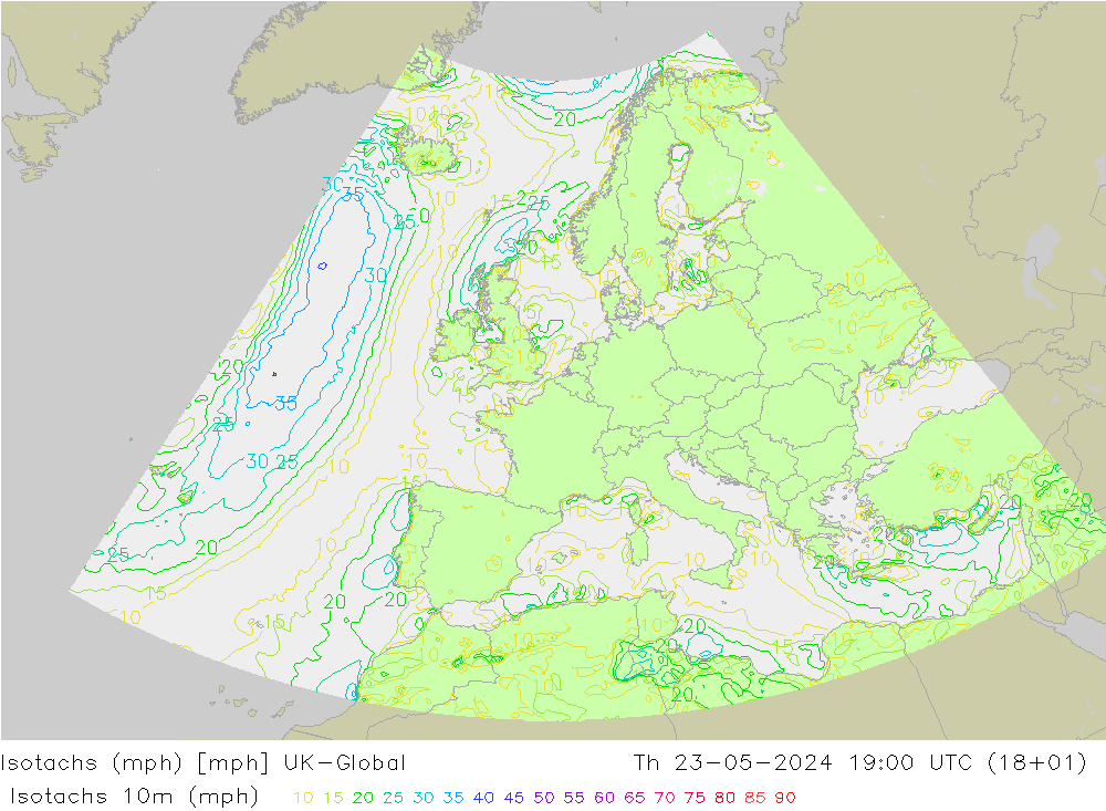 Isotachs (mph) UK-Global 星期四 23.05.2024 19 UTC