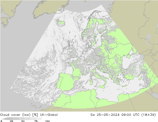 Bewolking (Laag) UK-Global za 25.05.2024 09 UTC