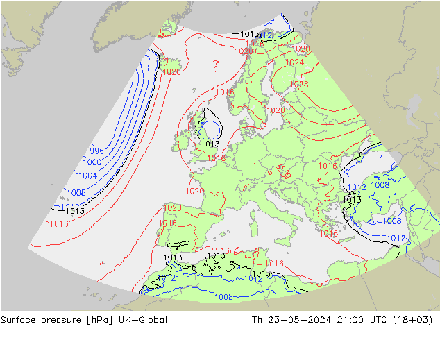 Pressione al suolo UK-Global gio 23.05.2024 21 UTC