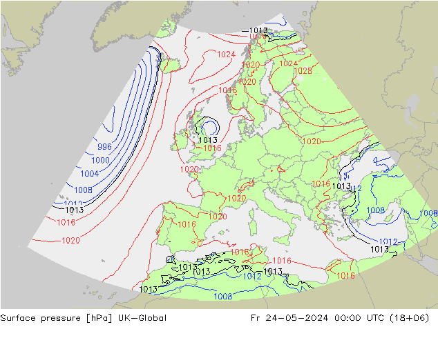 Pressione al suolo UK-Global ven 24.05.2024 00 UTC