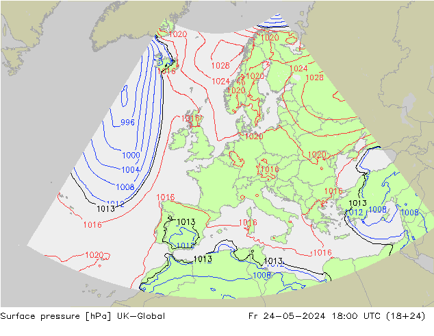 Surface pressure UK-Global Fr 24.05.2024 18 UTC