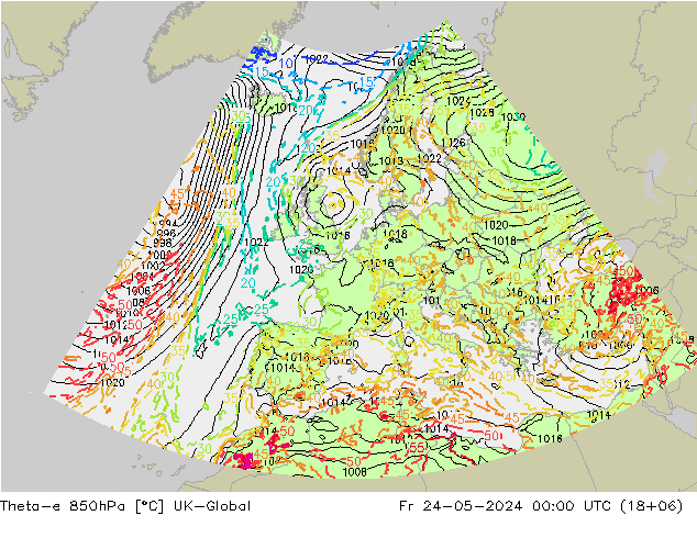Theta-e 850hPa UK-Global Cu 24.05.2024 00 UTC