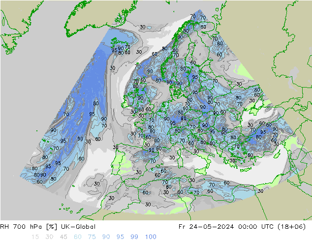 RH 700 hPa UK-Global 星期五 24.05.2024 00 UTC