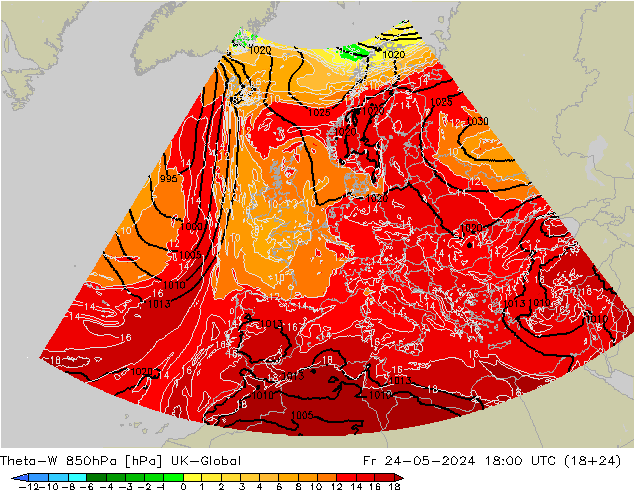 Theta-W 850hPa UK-Global Fr 24.05.2024 18 UTC