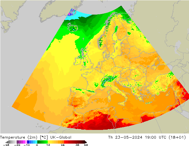 Temperature (2m) UK-Global Čt 23.05.2024 19 UTC
