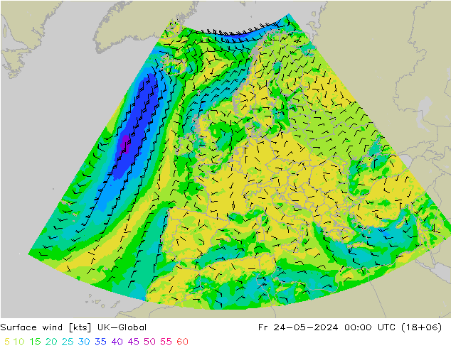 Viento 10 m UK-Global vie 24.05.2024 00 UTC