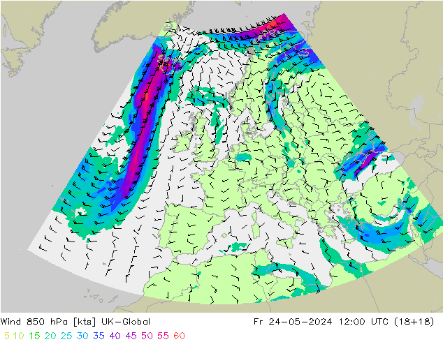 Wind 850 hPa UK-Global Fr 24.05.2024 12 UTC