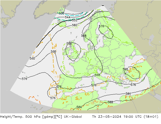 Geop./Temp. 500 hPa UK-Global jue 23.05.2024 19 UTC