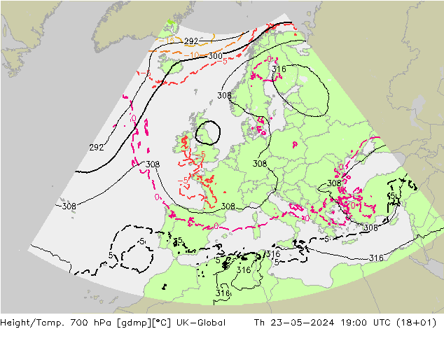 Height/Temp. 700 hPa UK-Global czw. 23.05.2024 19 UTC