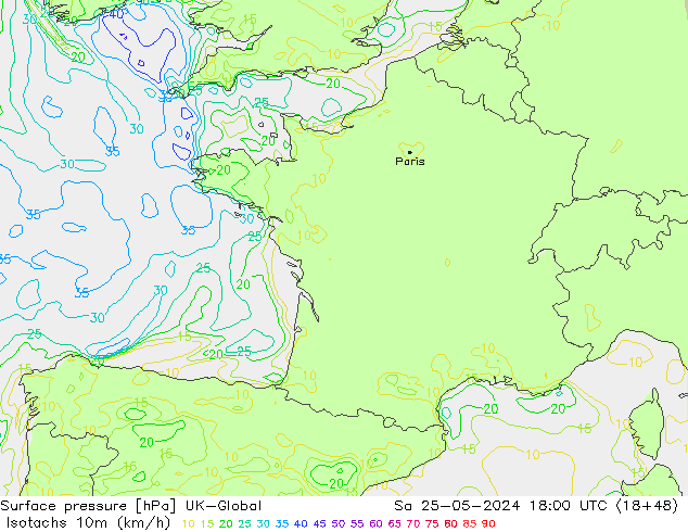 Isotachs (kph) UK-Global сб 25.05.2024 18 UTC