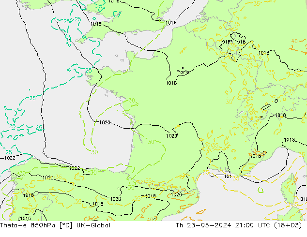 Theta-e 850hPa UK-Global Do 23.05.2024 21 UTC