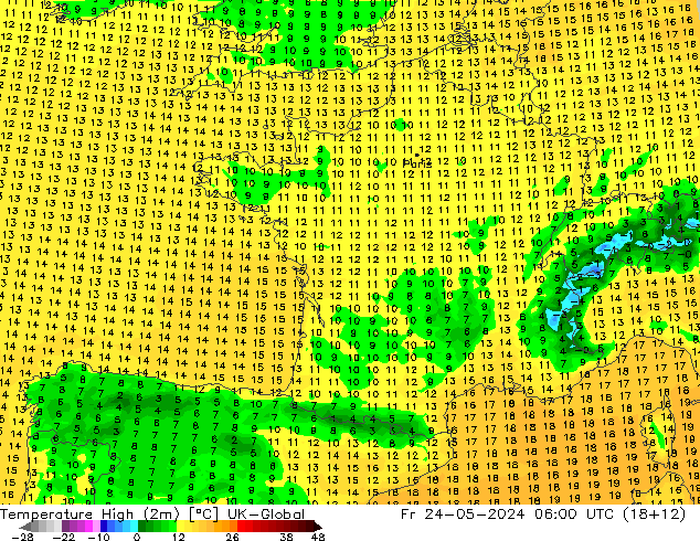 Nejvyšší teplota (2m) UK-Global Pá 24.05.2024 06 UTC