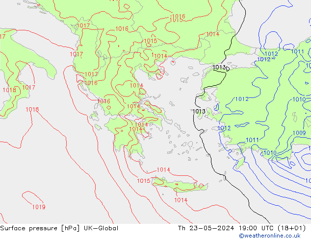 Surface pressure UK-Global Th 23.05.2024 19 UTC